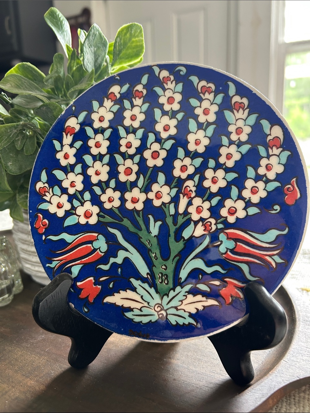 Vintage Turkish Hand-Painted Tree of Life Ceramic Tile